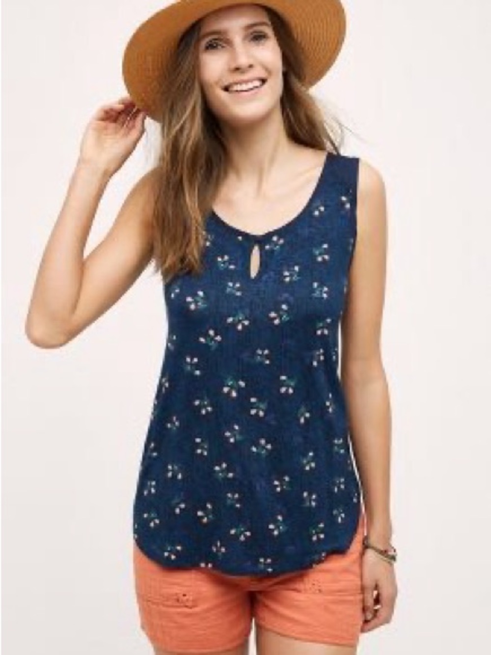 Anthropologie Navy Floral Keyhole Tank
